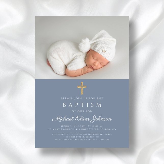 Invitación Dusty Blue Religious Cross Boy Photo Baptism (Dusty Blue Religious Cross Boy Photo Baptism Invitation)