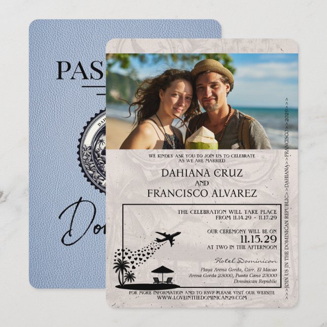 Invitación Dusty Blue República Dominicana Boda de Pasaportes (Anverso / Reverso)