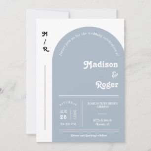 Invitación Dusty Blue Retro Arch Foto QR Code RSVP Groovy