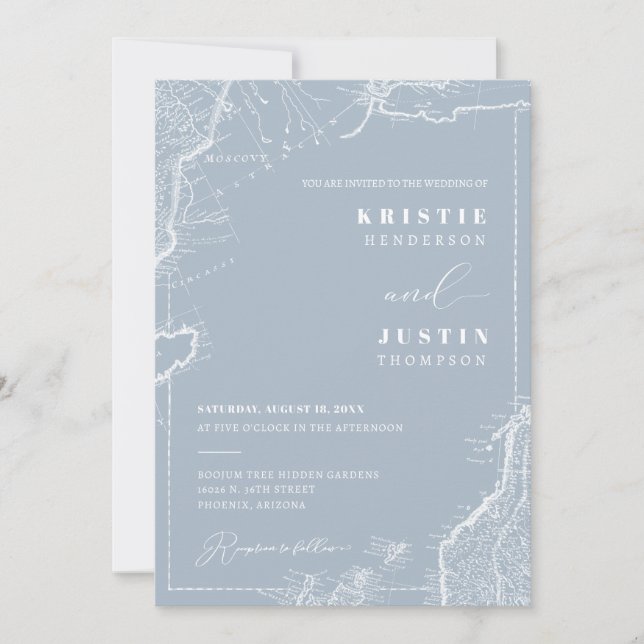 Invitación Dusty Blue Retro Travel QR Code Photo Boda (Anverso)