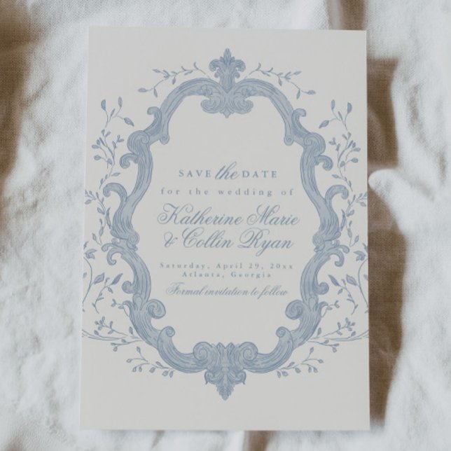 Invitación Dusty Blue Rococo Save The Date Card (Subido por el creador)