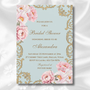 Invitación Dusty Blue Rococó Vintage Bridal Shower de Peonía