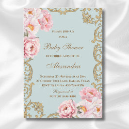 Invitación Dusty Blue Rococo Vintage Floral Baby Shower