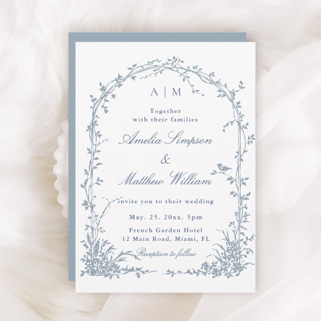 Invitación Dusty Blue Romantic Botanical Arch Garden Wedding  (Subido por el creador)