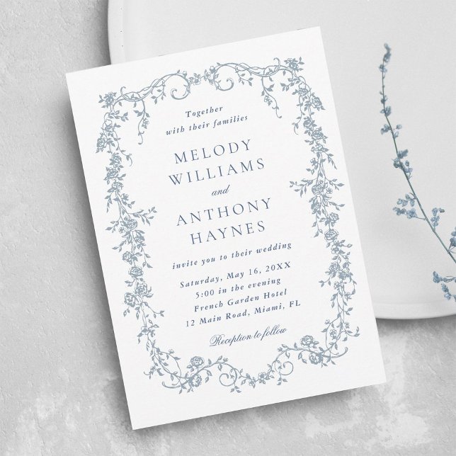 Invitación Dusty Blue Romantic French Floral Wedding  (Subido por el creador)