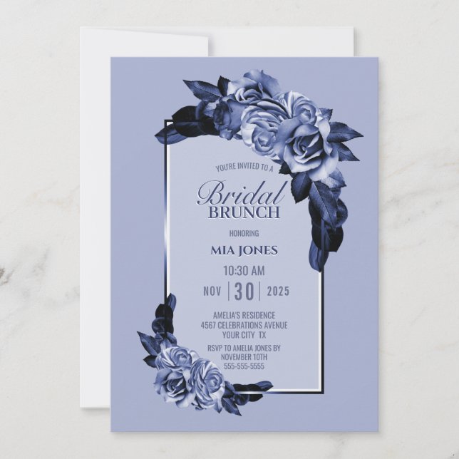 Invitación Dusty Blue Rosa Floral Bridal Brunch (Anverso)
