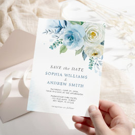 Invitación Dusty Blue Rosa Floral Wedding Save the Date