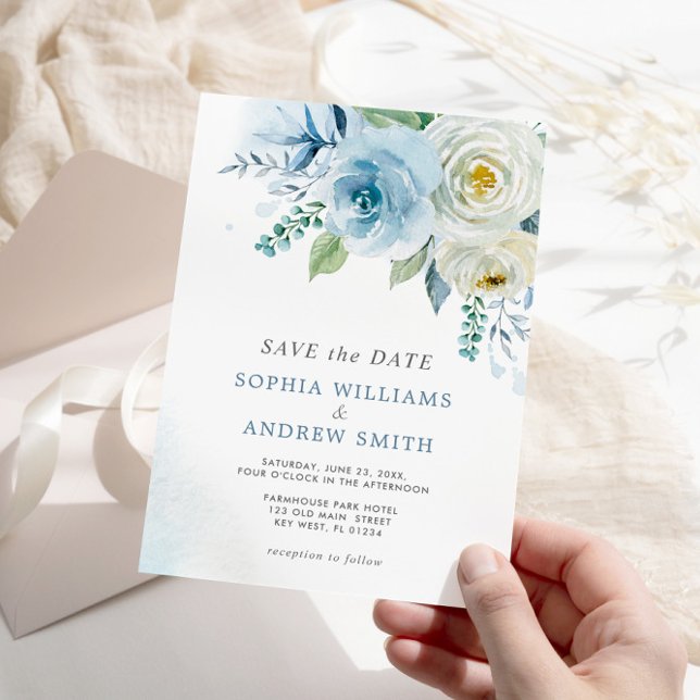 Invitación Dusty Blue Rosa Floral Wedding Save the Date (Subido por el creador)