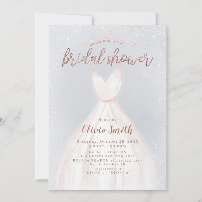 Invitación Dusty Blue Rosa Gold Elegant Vestido Bridal Shower (Anverso)