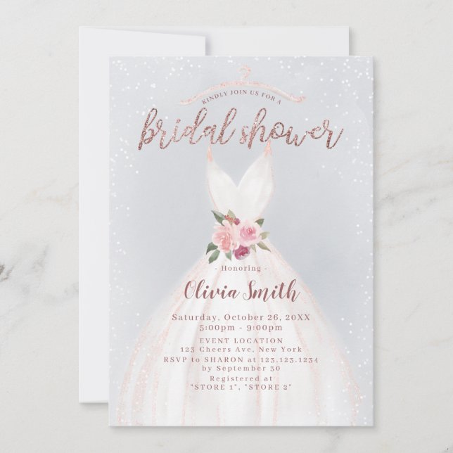 Invitación Dusty Blue Rosa Gold Elegant Vestido Bridal Shower (Anverso)