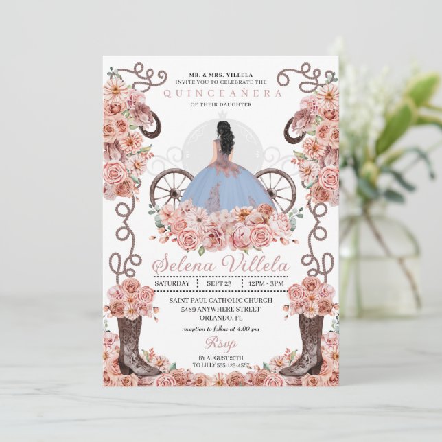Invitación Dusty Blue Rosa Gold Western Charro Quinceañera (Anverso de pie)