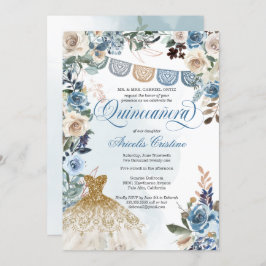 Invitación Dusty Blue Rosa Papel Picado País Quinceañera