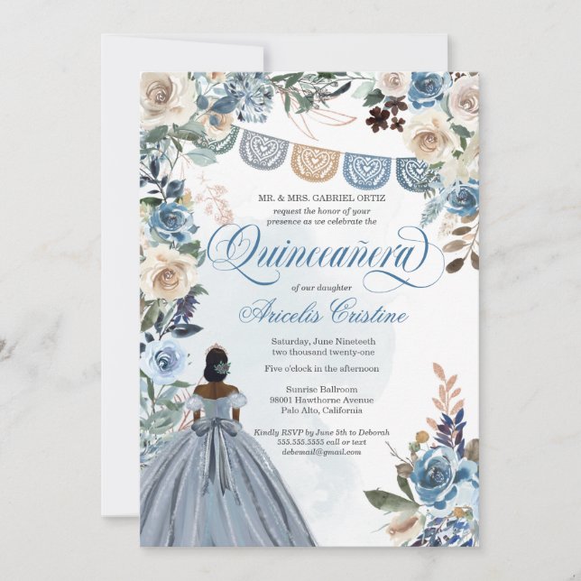 Invitación Dusty Blue Rosa Rustic Country Quinceañera (Anverso)