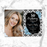 Invitación Dusty Blue Rosas Black Damask Foto 50 cumpleaños<br><div class="desc">Elegante invitación de 50 años floral femenina con tu foto. Diseño azul polvoriento de luz blanca y dorada con plata falsa purpurina. Presenta un patrón de damasco blanco y negro, rosas azules, fuente de guión y confeti. Perfecto para un elegante fiesta de celebración de cumpleaños. Personaliza con tus propios detalles....</div>