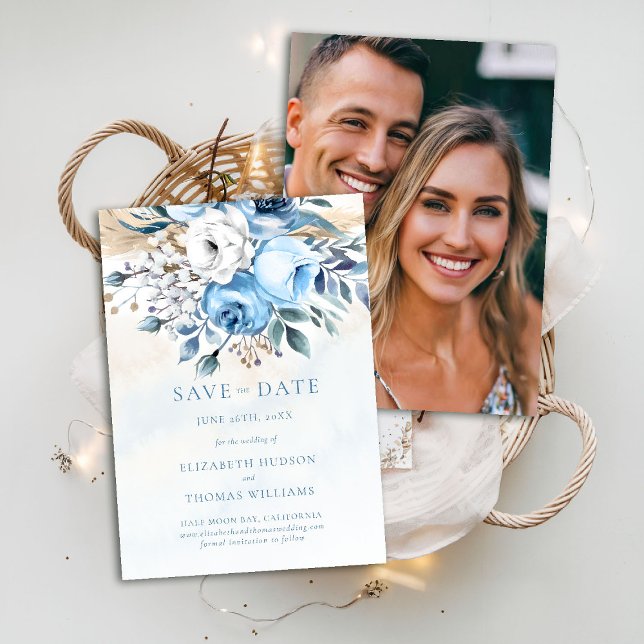 Invitación Dusty Blue Rosas Greenery Photo Boda Save Date (dusty blue wedding save the date roses floral pampas grass boho botanical watercolor elegant rustic)