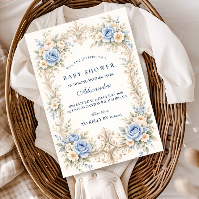 Invitación Dusty Blue Rose Baroque Baby Shower (Subido por el creador)