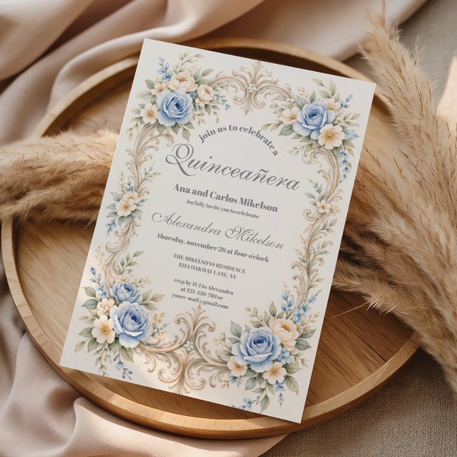 Invitación Dusty Blue Rose Baroque Quinceañera (Subido por el creador)