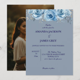 Invitación Dusty Blue Rose Floral Photo Back Wedding 