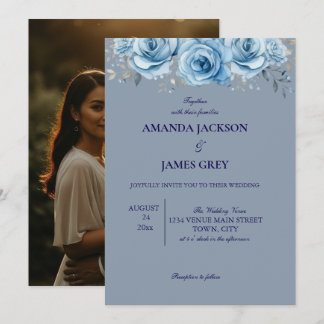 Invitación Dusty Blue Rose Floral Photo Back Wedding 