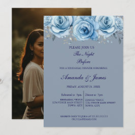 Invitación Dusty Blue Rose Floral Photo Rehearsal Dinner 