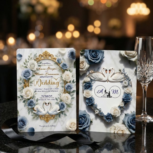 Invitación Dusty Blue Rose Marble Swan Fairytale Wedding (Subido por el creador)