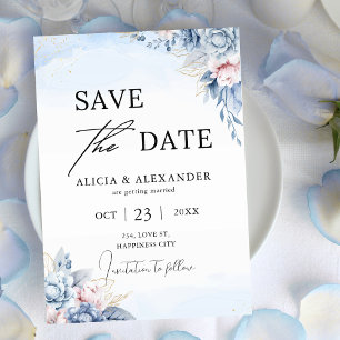 Invitación Dusty Blue Rubor Gold Floral Save the Date