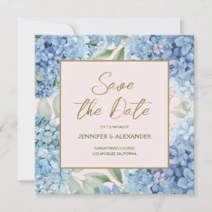 Invitación Dusty Blue Rubor Hydrangea Square Save the Date