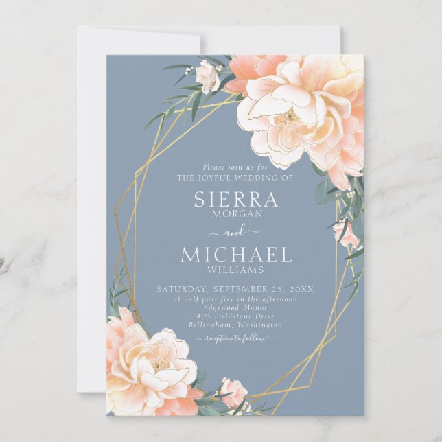 Invitación Dusty Blue Rubor Peach Gold Floral Boda (Anverso)