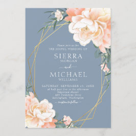 Invitación Dusty Blue Rubor Peach Gold Floral Boda