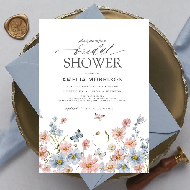 Invitación Dusty Blue Rubor Pink Elegant Garden Bridal Shower (Subido por el creador)