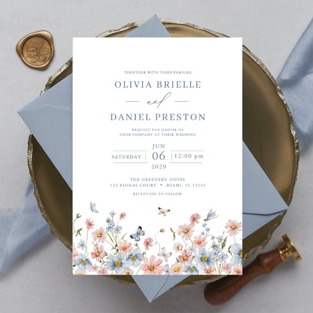 Invitación Dusty Blue Rubor Pink Elegant Garden Wedding (Subido por el creador)