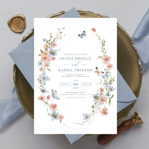 Invitación Dusty Blue Rubor Pink Elegant Garden Wedding