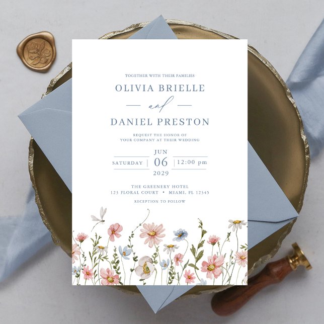 Invitación Dusty Blue Rubor Pink Elegant Garden Wedding (Subido por el creador)