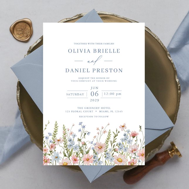Invitación Dusty Blue Rubor Pink Elegant Garden Wedding (Subido por el creador)