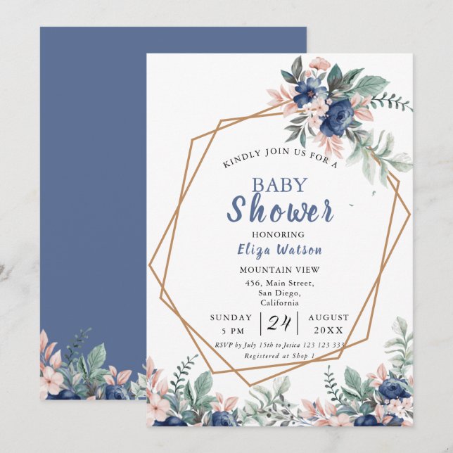 Invitación Dusty Blue Rubor Pink Floral Baby Shower (Anverso / Reverso)