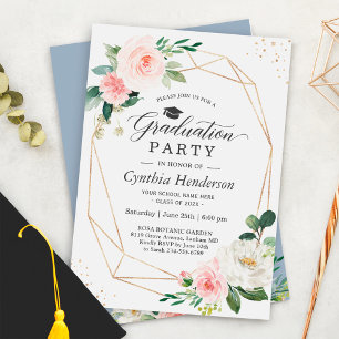 Invitación Dusty Blue Rubor Pink Floral Graduation Party