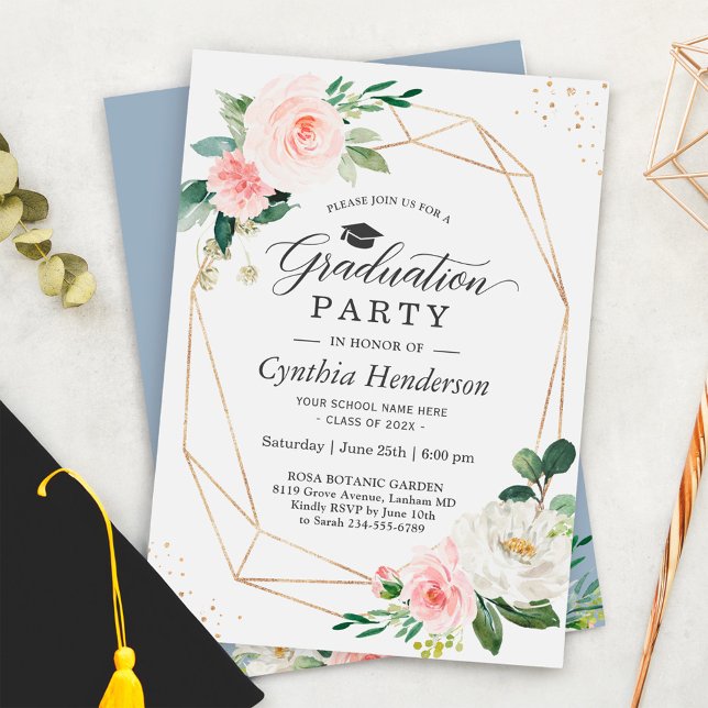Invitación Dusty Blue Rubor Pink Floral Graduation Party (Subido por el creador)