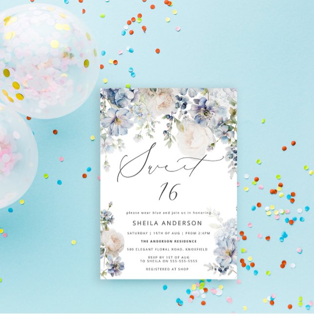 Invitación Dusty Blue & Rubor Pink Floral Sweet 16 Cumpleaños (Subido por el creador)