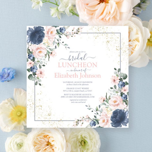 Invitación Dusty Blue Rubor Pink Gold Floral Bridal Luncheon (Subido por el creador)