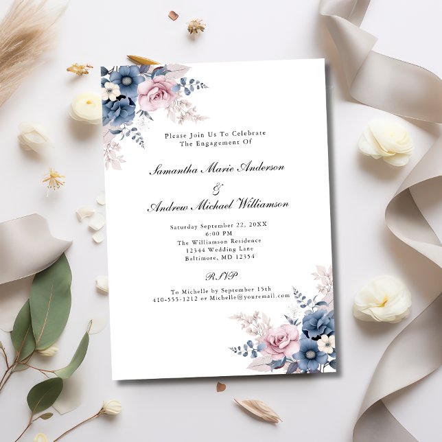 Invitación Dusty Blue Rubor Rosa Floral Botánico Compromiso (Dusty Blue Blush Pink Floral Elegant Formal Engagement party invitation)