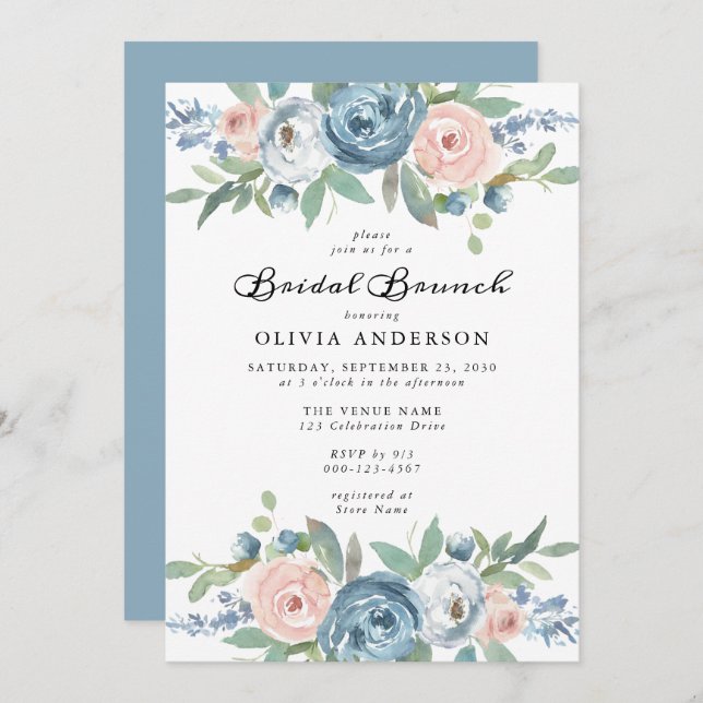 Invitación Dusty Blue & Rubor Rosa Floral Bridal Brunch (Anverso / Reverso)