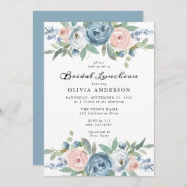 Invitación Dusty Blue & Rubor Rosa Floral Bridal Luncheon