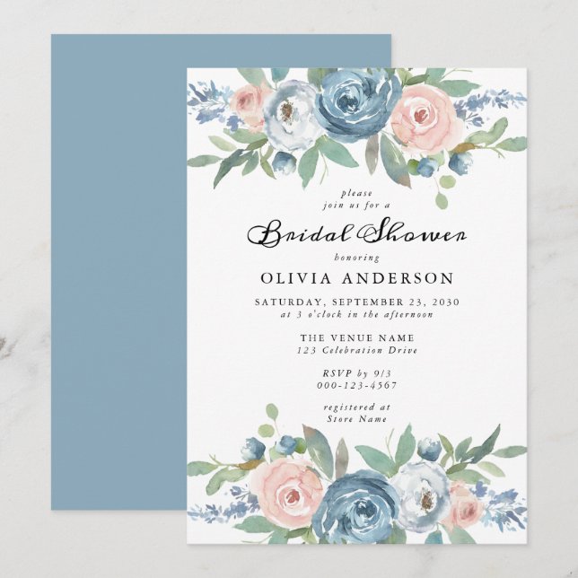 Invitación Dusty Blue & Rubor Rosa Floral Bridal Shower (Anverso / Reverso)