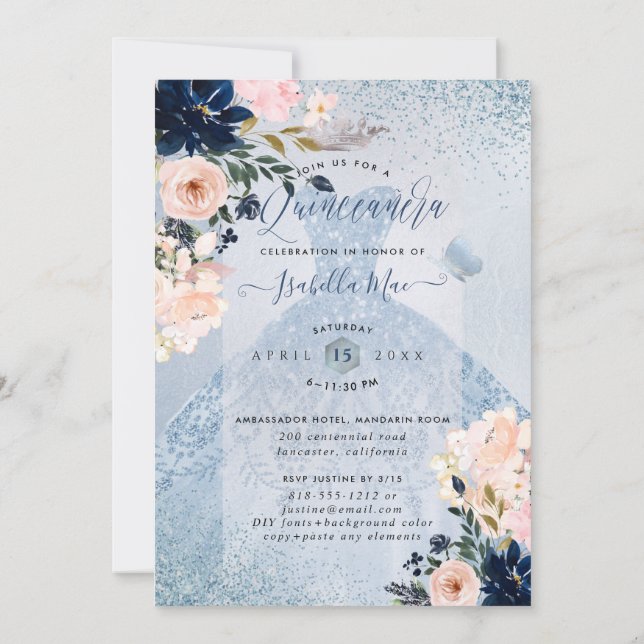 Invitación Dusty Blue+Rubor Rosas Purpurina Gown Quinceanera (Reverso)