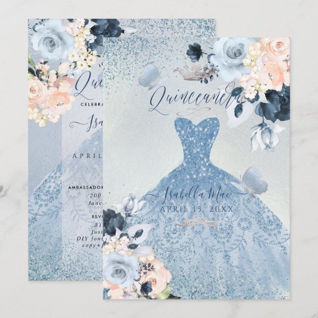 Invitación Dusty Blue+Rubor Rosas Purpurina Gown Quinceanera (Anverso / Reverso)
