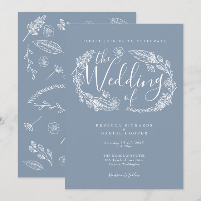 Invitación Dusty Blue Rustic Boda de escritura floral dibujad (Anverso / Reverso)