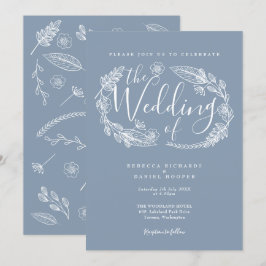 Invitación Dusty Blue Rustic Boda de escritura floral dibujad
