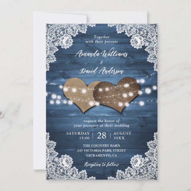 Invitación Dusty Blue Rustic Wood Burlap Lace Luces Boda (Anverso)
