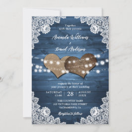 Invitación Dusty Blue Rustic Wood Burlap Lace Luces Boda