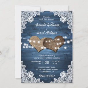 Invitación Dusty Blue Rustic Wood Burlap Lace Luces Boda